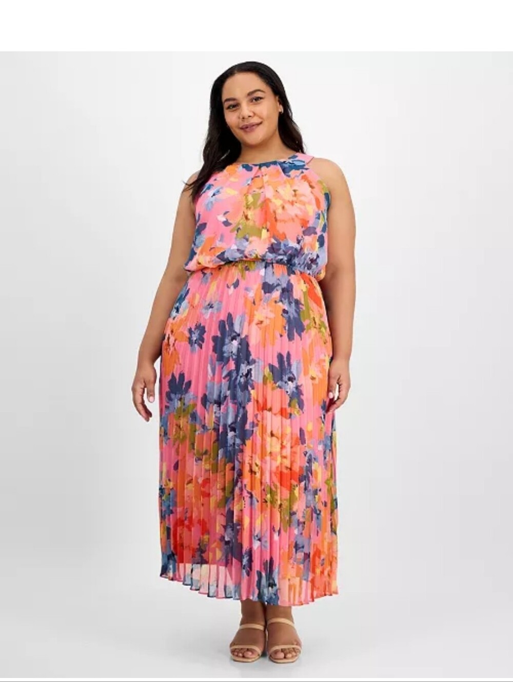 Signature by Robbie Bee Pink Floral Pleated Maxi Dress 6P Sleeveless $99